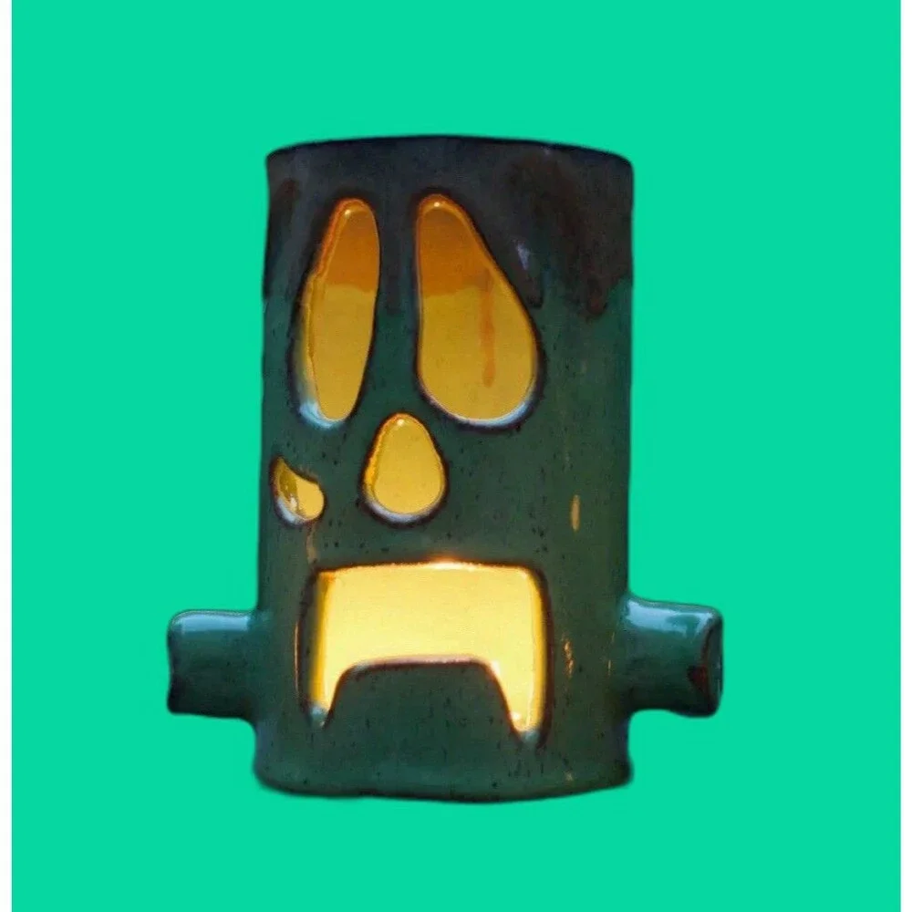 Halloween Frankenstein Hand Crafted Ceramic Luminaire Luminary Candle Blue